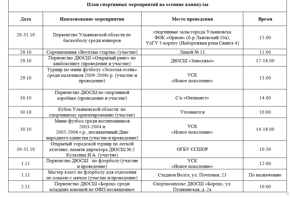 План спортивных мероприятий шахты на неделю