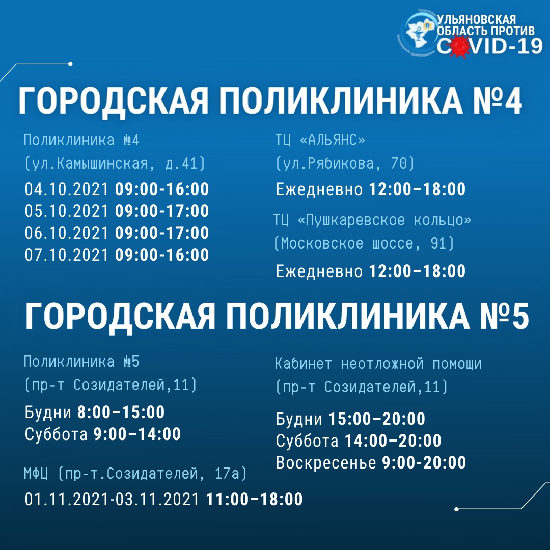 График работы пунктов вакцинации от COVID-19 в Ульяновске в период  “ковидных выходных” Улпресса - все новости Ульяновска