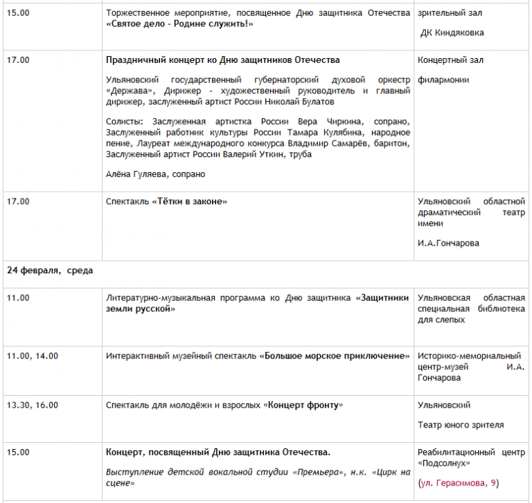 План мероприятий ко дню защитника отечества